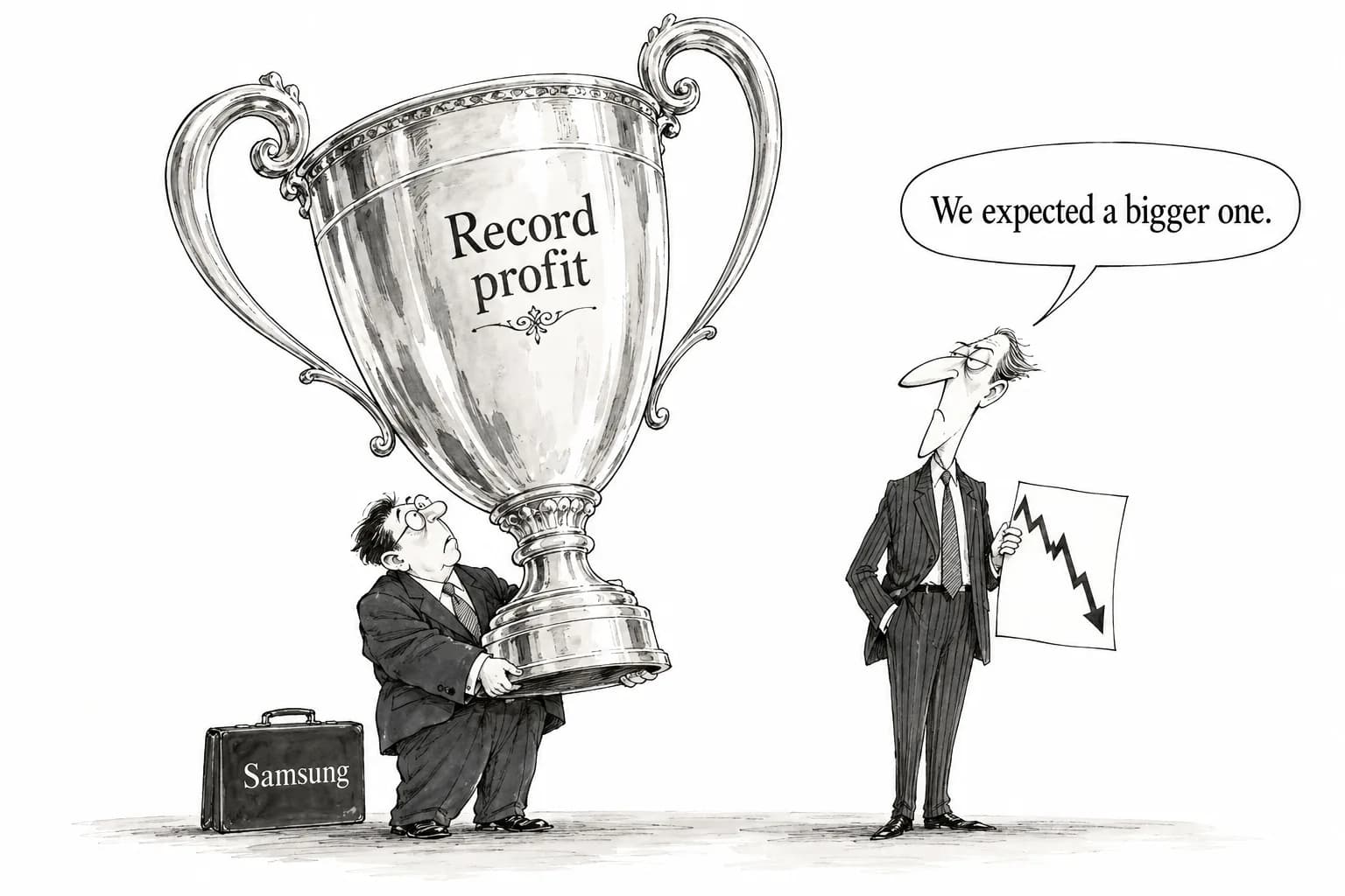 Editorial cartoon: Samsung's operating profit tops 107 trillion won, beating Nvidia's record, yet its shares fall