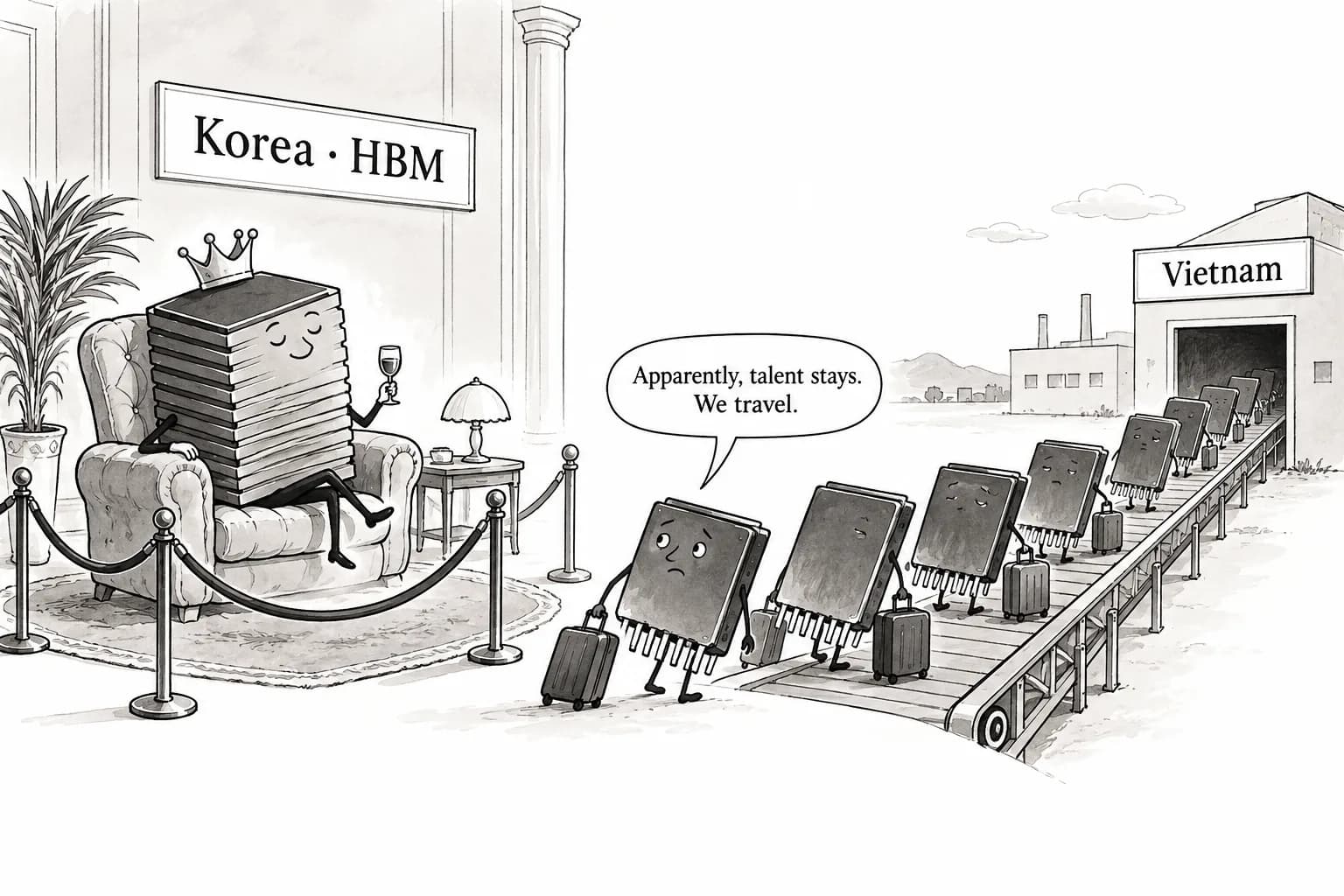 Editorial cartoon: Samsung to put 12.26 trillion won into chips and substrates, about 8 trillion won of it in Vietnam — HBM stays in Korea as commodity memory back-end work moves abroad