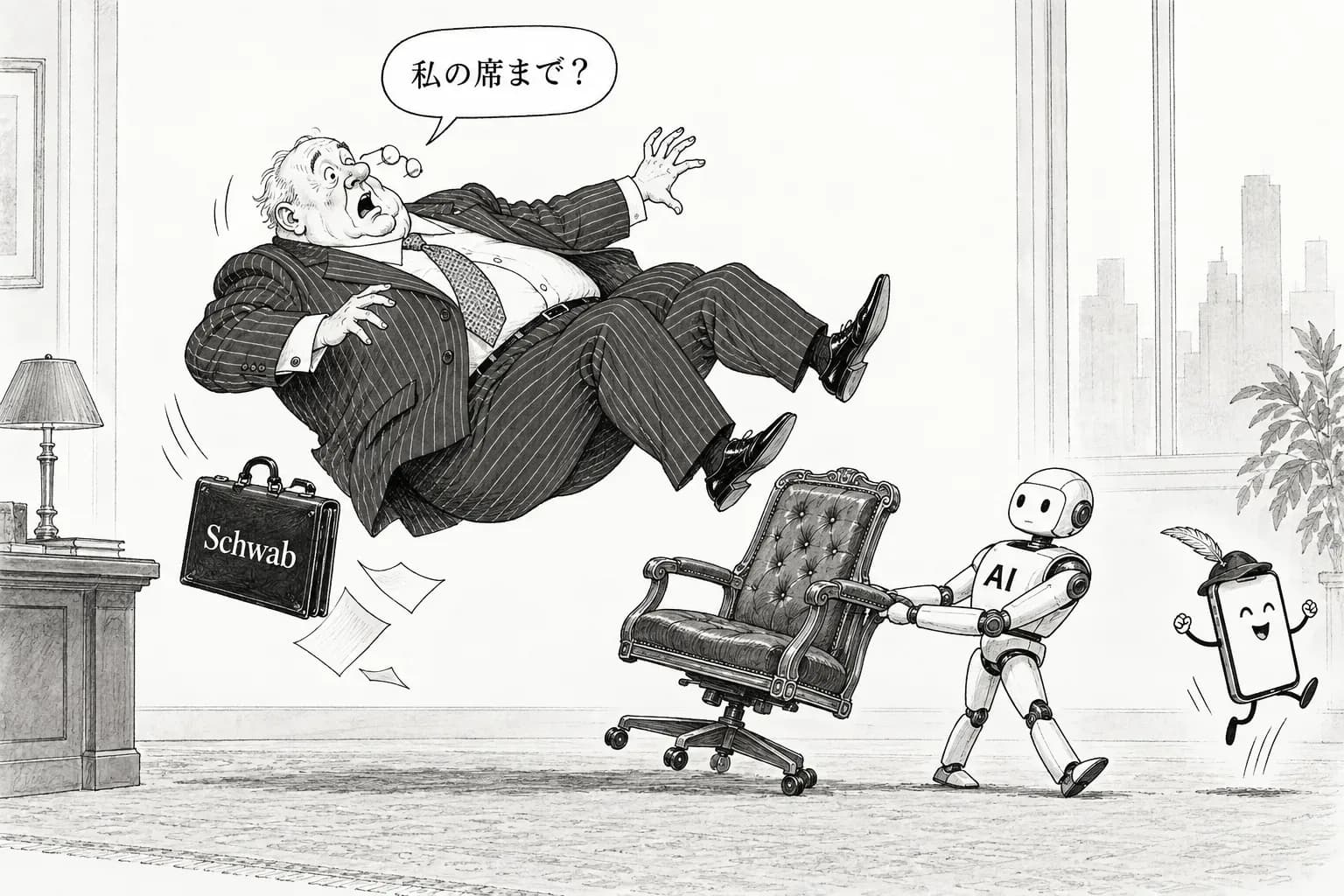 風刺画: Schwab が6%落ちて Robinhood が上がった日 — AI 代替のトレードが大型金融株に届いた