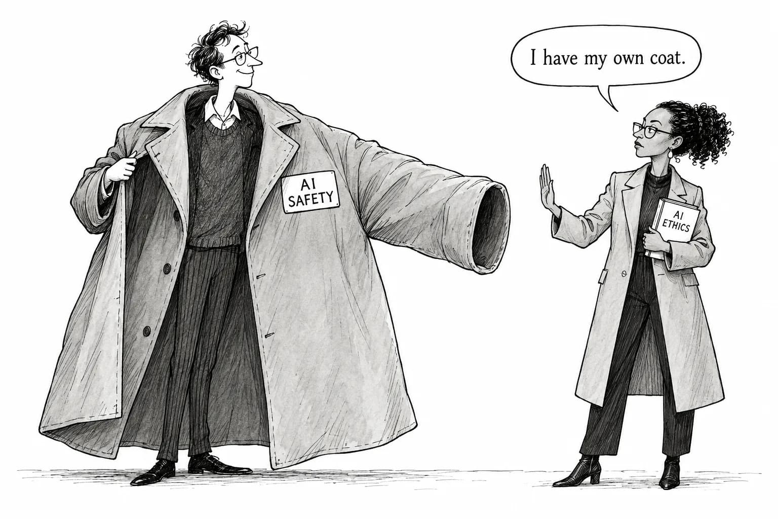 Editorial cartoon: Scott Alexander's "AI Safety Is Not A Corporate Plot" calls for a safety–ethics "coalition," but on the ethics side, Birhane rejected that framing the same night