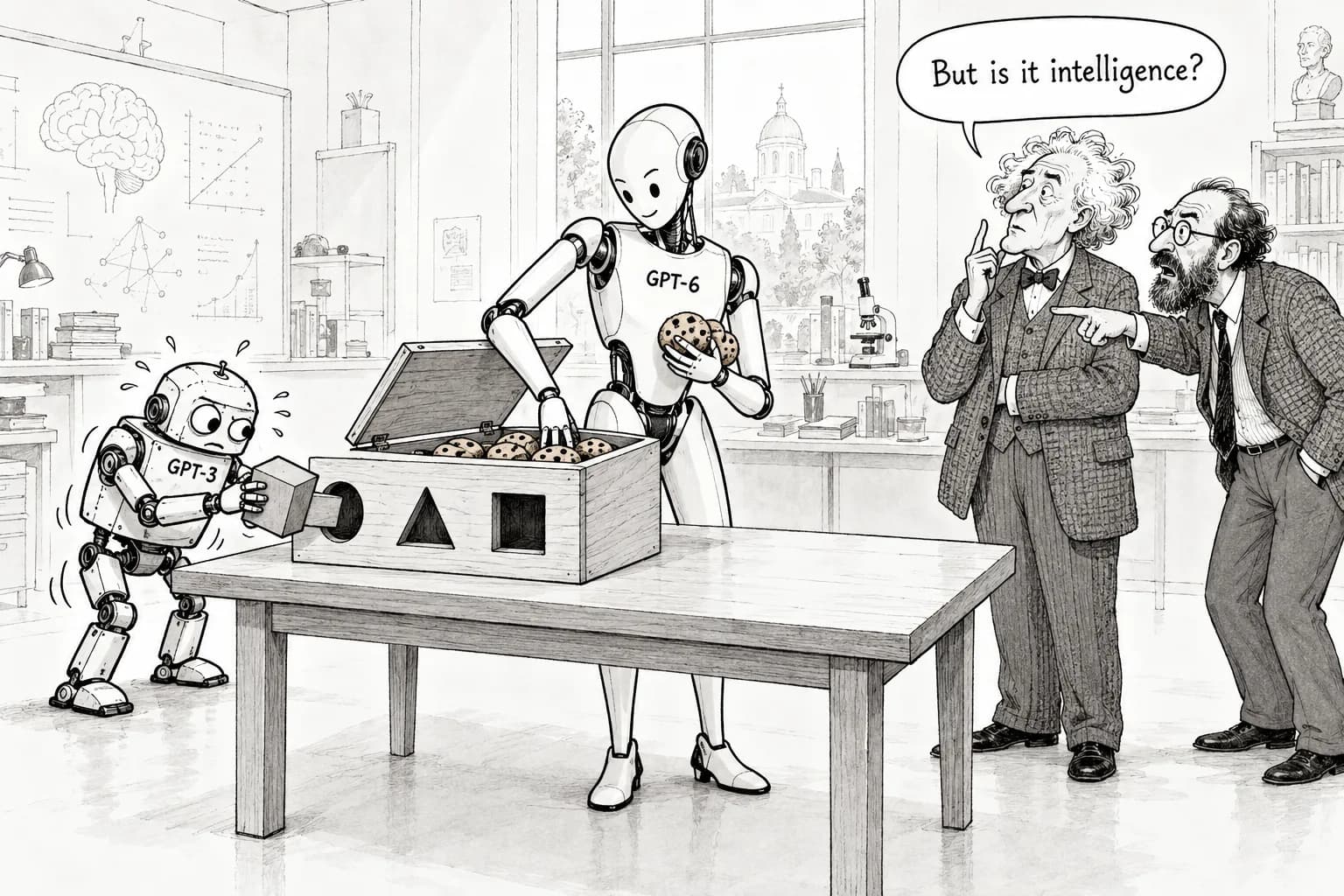 Editorial cartoon: Scott Alexander answers Pinker's open letter: to "intelligence is not a coherent concept," he replies "GPT-6 is more intelligent than GPT-3"