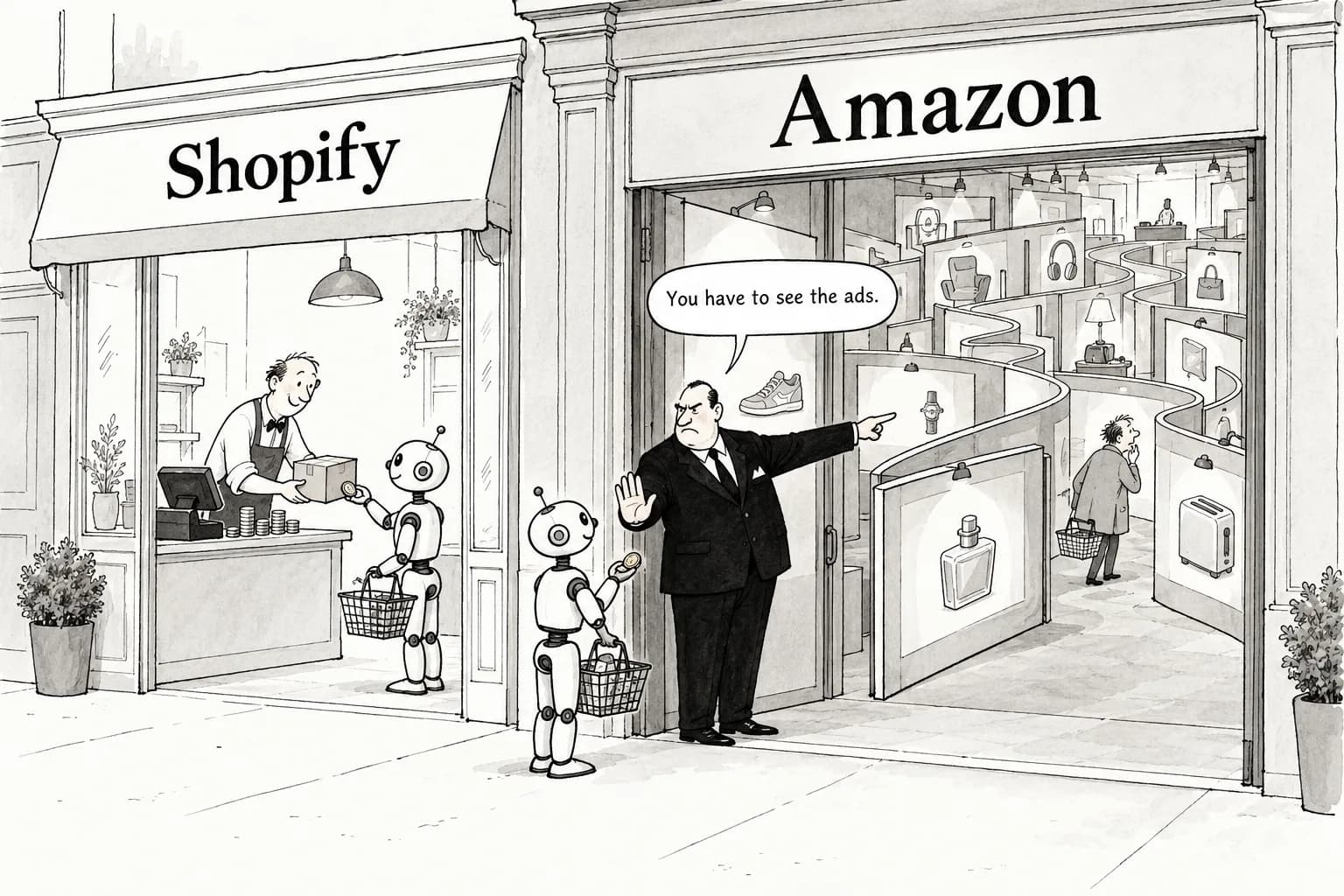 Editorial cartoon: Shopify opens checkout to agents while Amazon shuts out Muse — the split comes down to transaction fees versus advertising