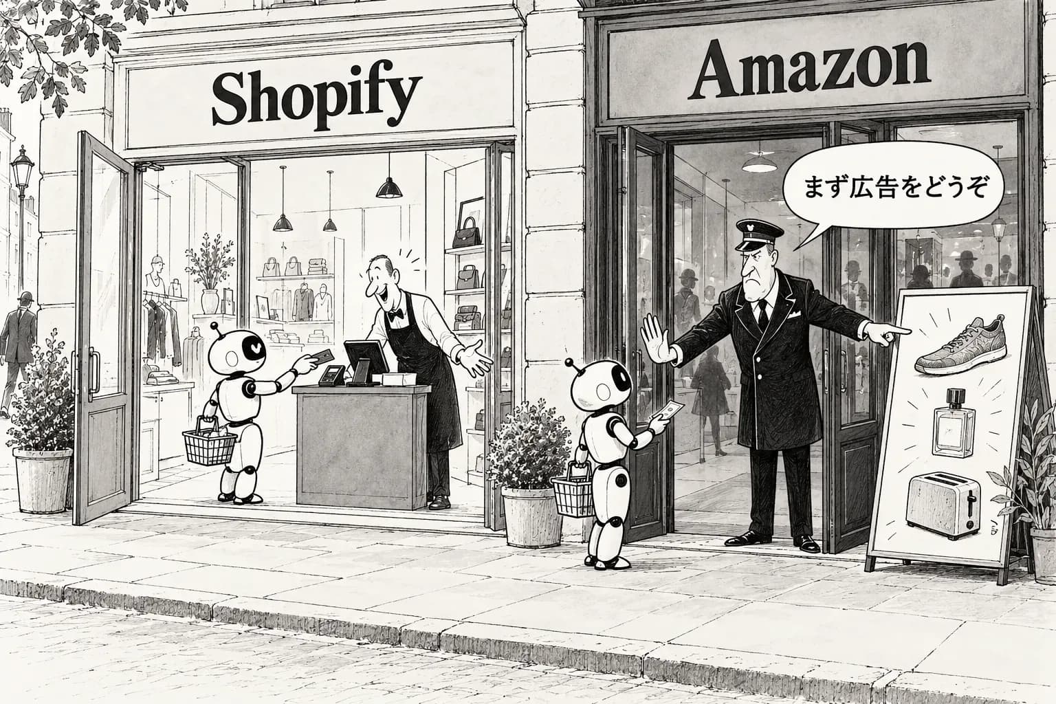 風刺画: Shopify はエージェントに決済まで開き、Amazon は Muse を閉め出した——分かれ目は取引額で稼ぐか、広告で稼ぐか