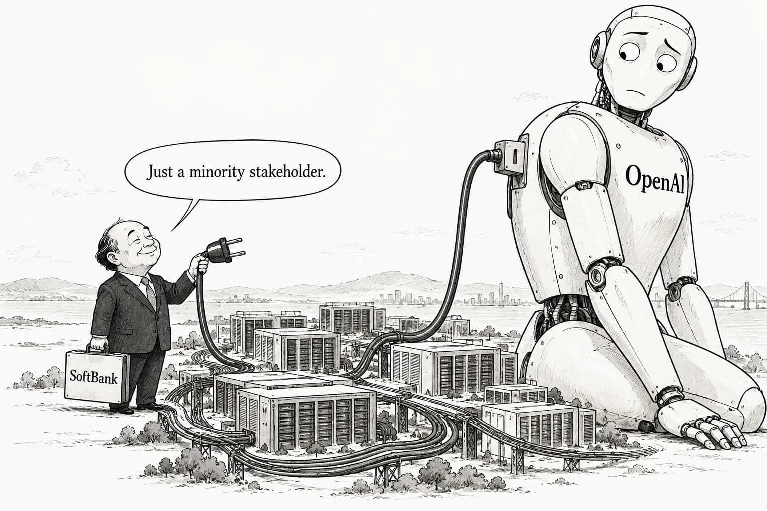 Editorial cartoon: SoftBank completes $30 billion follow-on investment in OpenAI, bringing its total to $64.6 billion for about 13%, and closes DigitalBridge acquisition