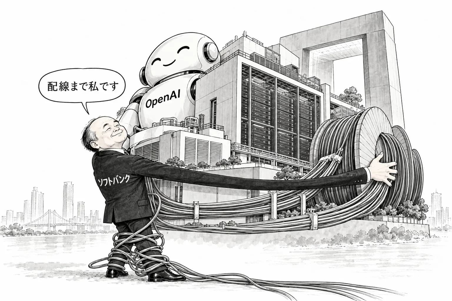 風刺画: SoftBank が OpenAI への追加出資300億ドルを完了、累計646億ドルで約13%——DigitalBridge の買収も終えた