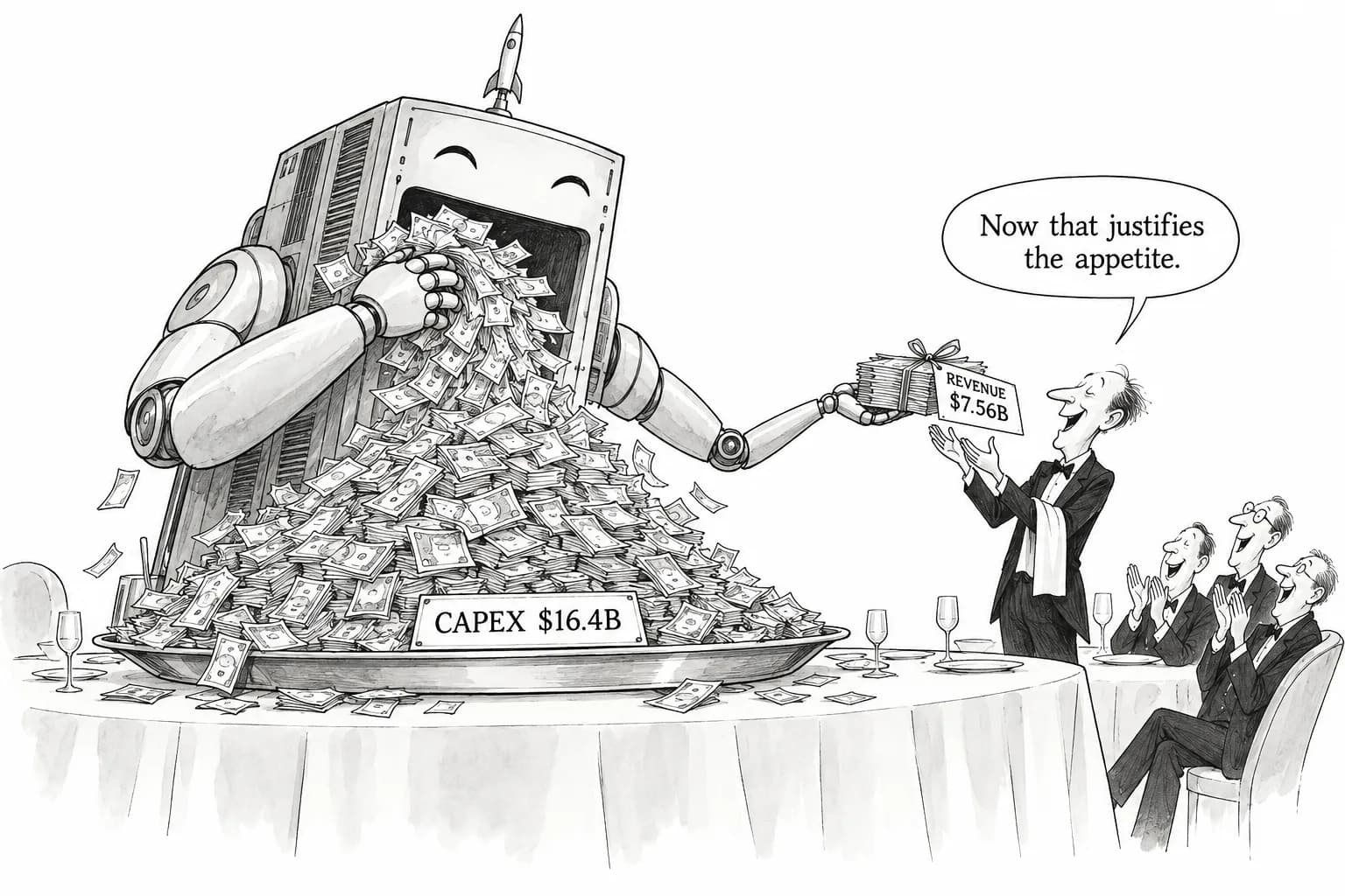 Editorial cartoon: SpaceX's AI revenue jumps ninefold to $7.56 billion, backing up $16.4 billion in July–September AI capex