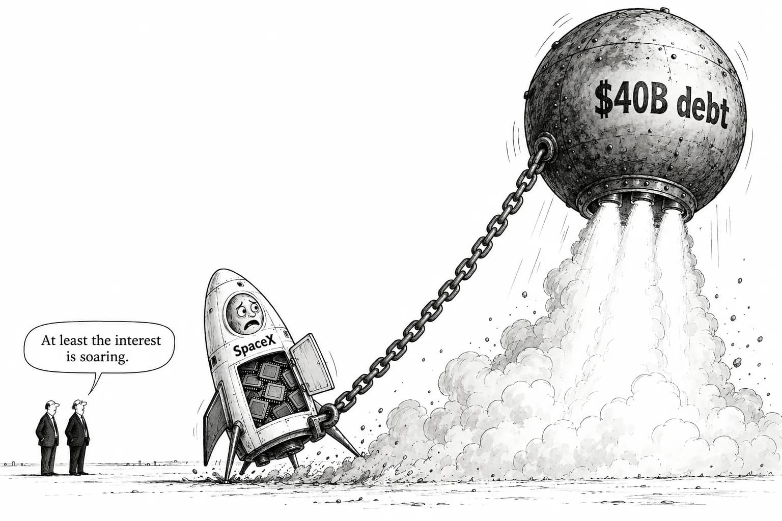 Editorial cartoon: SpaceX reportedly plans $40 billion in borrowing to buy NVIDIA chips as AI spending leans on corporate debt amid rising rates