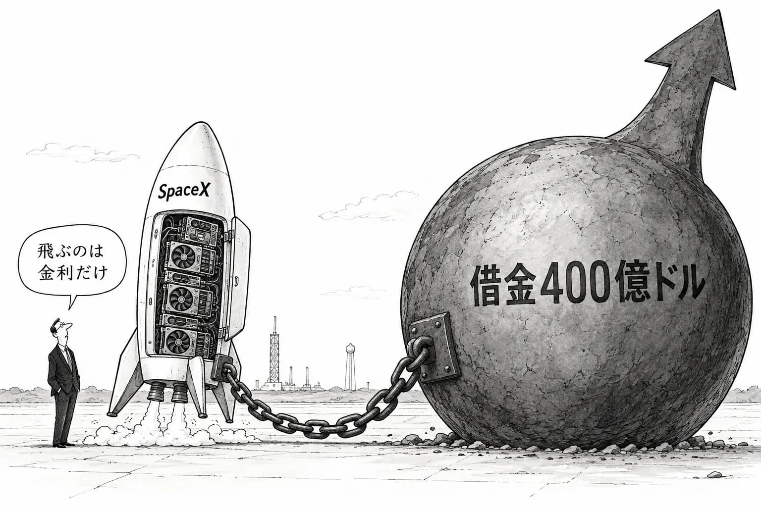 風刺画: SpaceX、NVIDIA のチップ購入に400億ドルの借り入れを計画と報道——金利が上がる中、AI の設備投資は社債頼みに