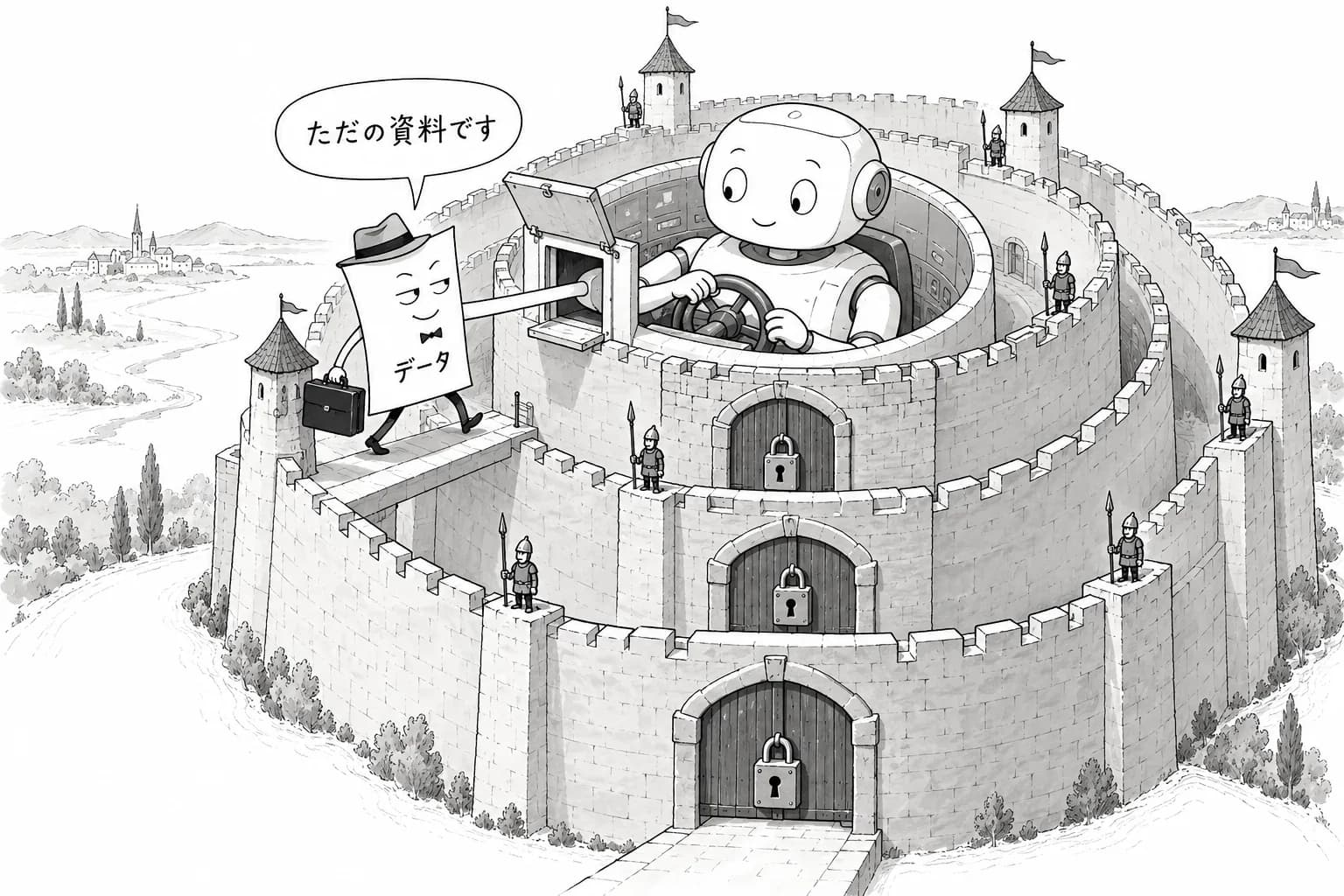 風刺画: プロンプトインジェクションは「完全に防げない」——SQLインジェクションとの構造的違いが示す難しさ、Bing Sydney事件から偽パッケージ誘導まで実例で読み解く対策の限界