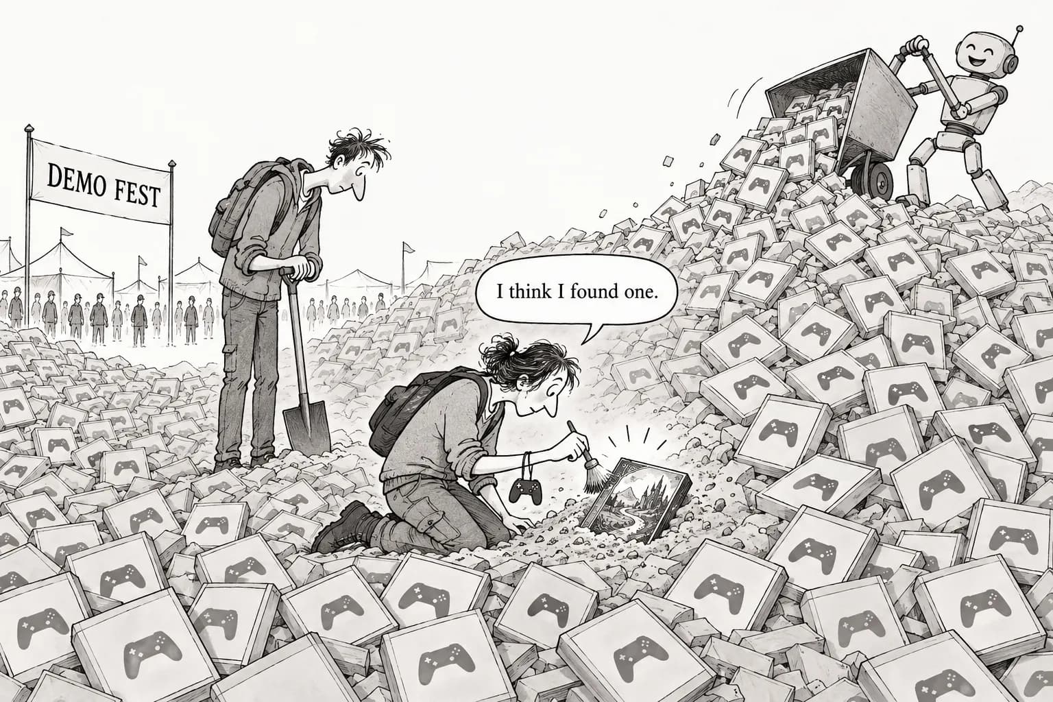 Editorial cartoon: 35% of Steam Next Fest's 7,240 demos disclosed AI use, but only 2 of the 25 most-played did