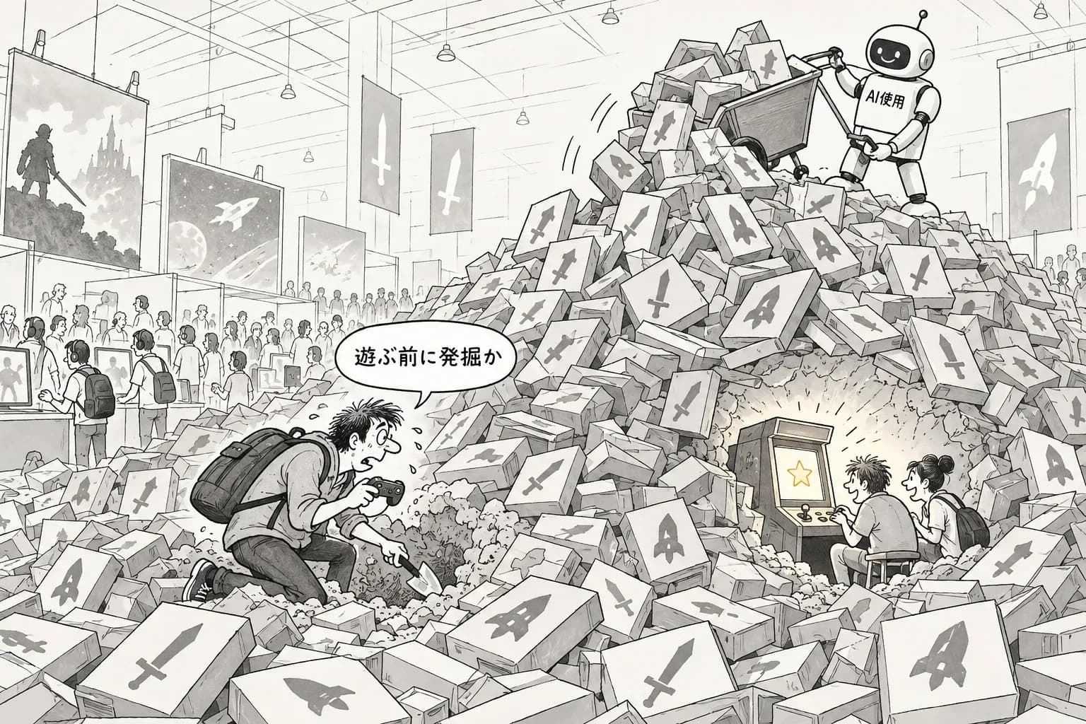 風刺画: Steam Next Festのデモ7,240本、35%がAI使用を申告。でも遊ばれた上位25本で申告ありは2本だけだった
