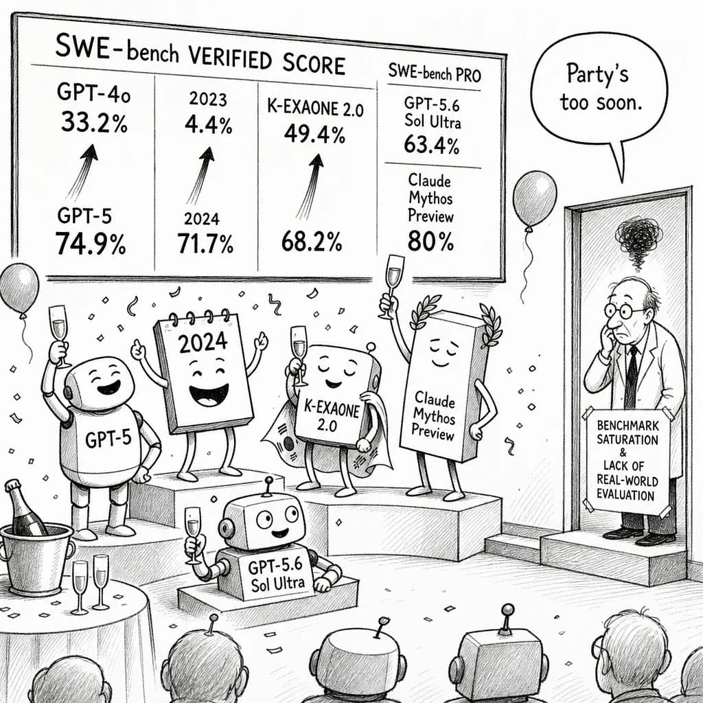 風刺画: SWE-bench Verifiedスコア、GPT-4oの33.2%からGPT-5の74.9%へ急伸——専門家は「ベンチマーク飽和」に警鐘