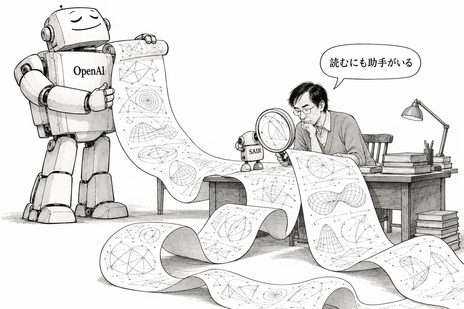 風刺画: Tao、OpenAI 発のジーゲル零点の証明の筋道を解説――読み解きに SAIR のオープンな数学モデルを使ったと明記