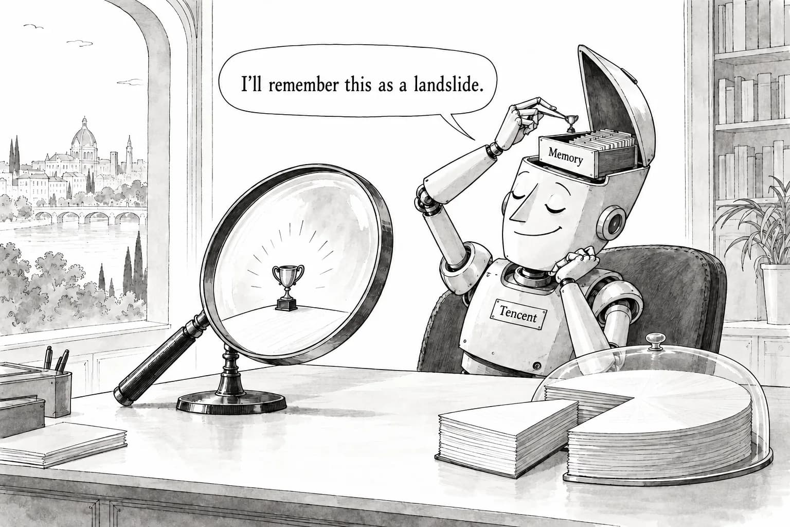 Editorial cartoon: Tencent open-sources a 30B model that only writes agent memory, under Apache 2.0 — its 0.87-point lead over Opus 5 is an in-house figure from 20% of the eval data