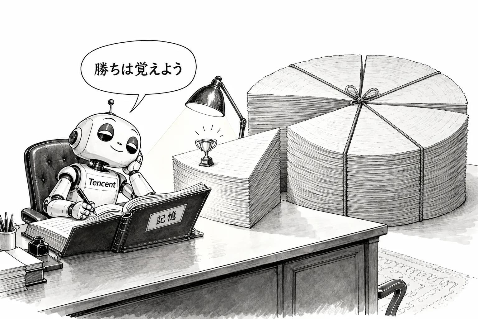 風刺画: Tencent、エージェントの記憶を「書く」だけの 30B モデルを Apache 2.0 で公開――Opus 5 を 0.87 点上回ったとするが、評価データの2割で測った自社の数字