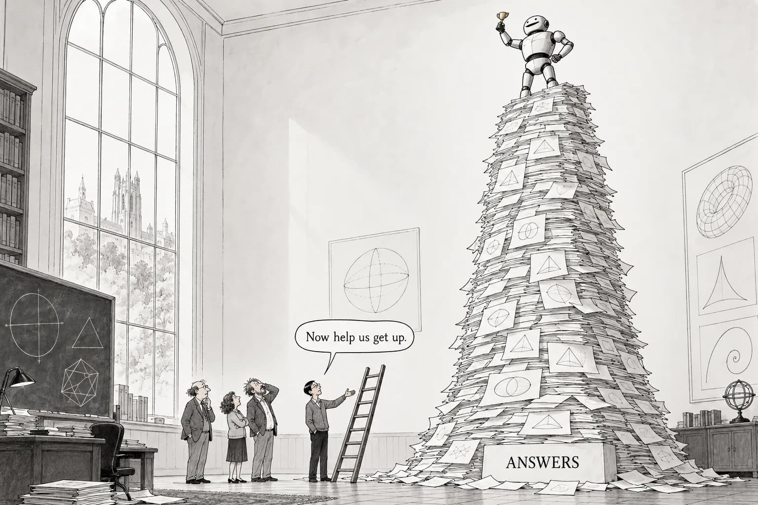 Editorial cartoon: Terence Tao's 'Math 2.0': after 'recent events' prompted him to overhaul a talk, he criticizes the overemphasis on AI solving open problems automatically