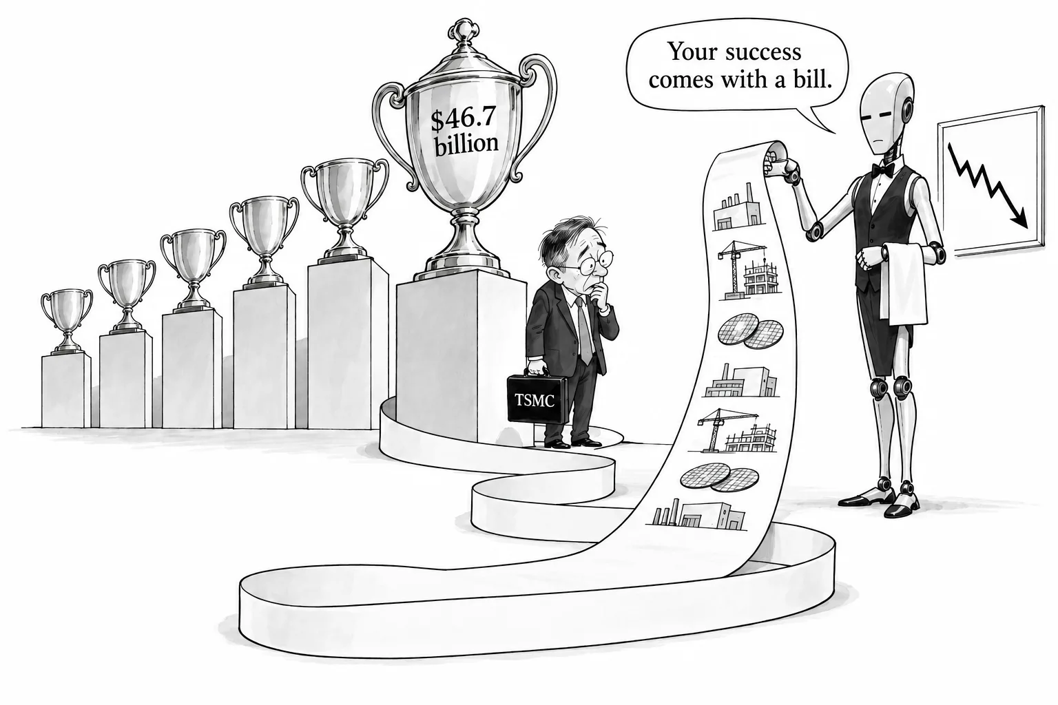 Editorial cartoon: TSMC posts record revenue of $46.7 billion for a sixth straight quarter, but warns of lower gross margins and higher capex