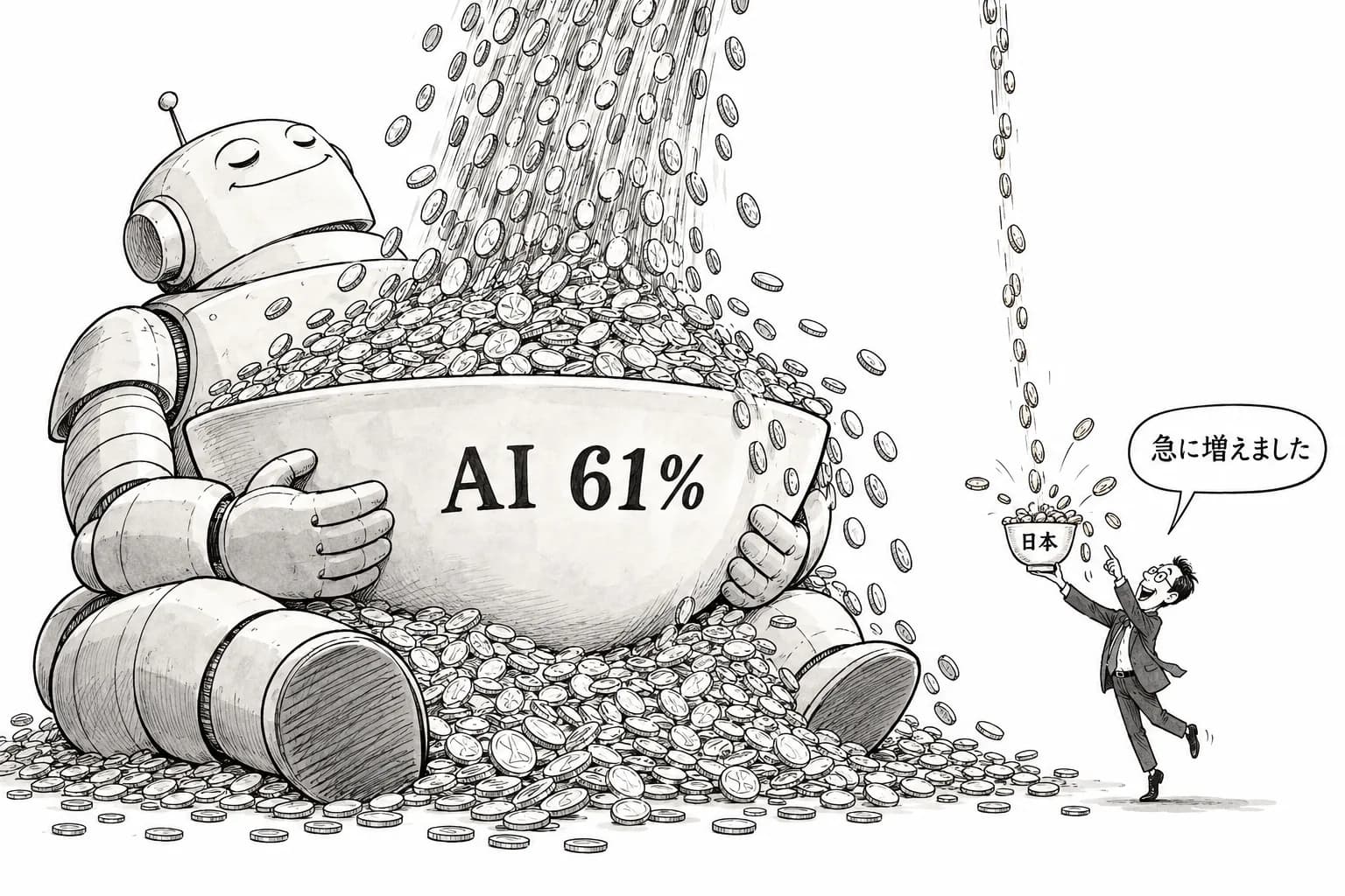 風刺画: 世界VC投資の61%がAIに集中、日本は1%未満——それでも2025年Q4は前四半期比で急伸の兆し