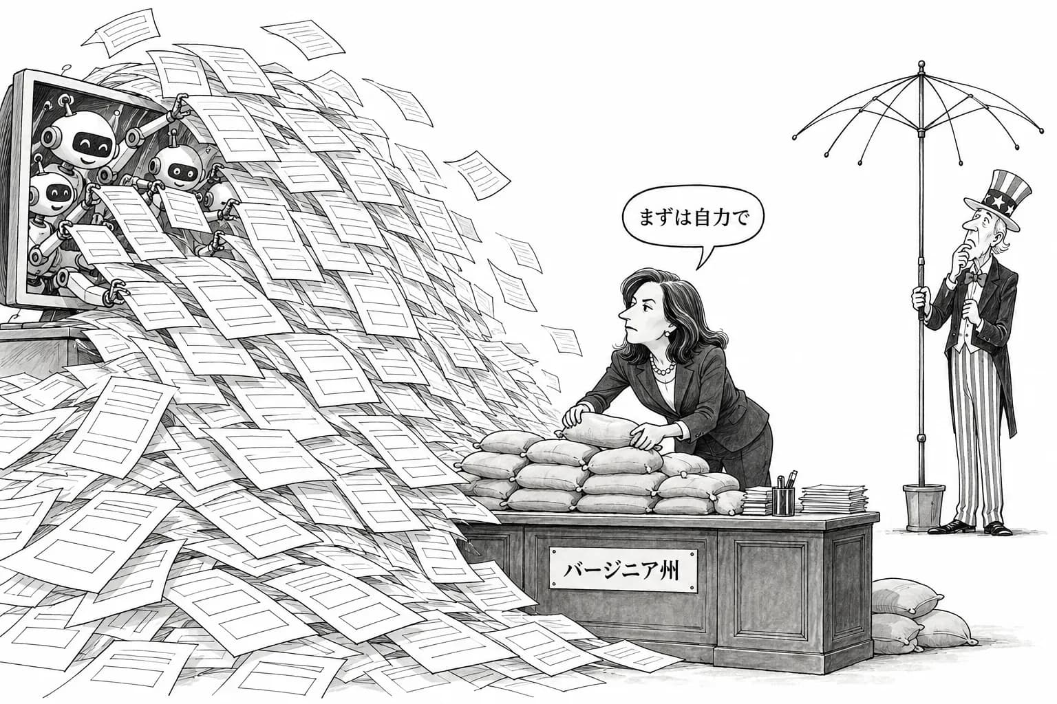 風刺画: バージニア州知事、AIサイバー攻撃への備えを州全体に命じる