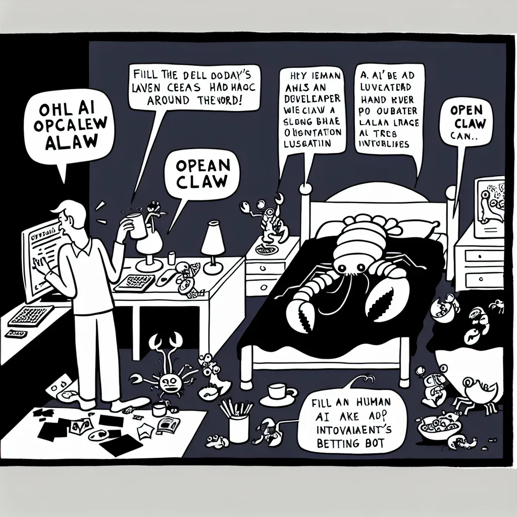 コーディングと料理とトレードを同時にこなす擬人化されたロブスターと、驚いて見守る開発者たち。OpenClawコミュニティの野良実装を描いた1コマ風刺画