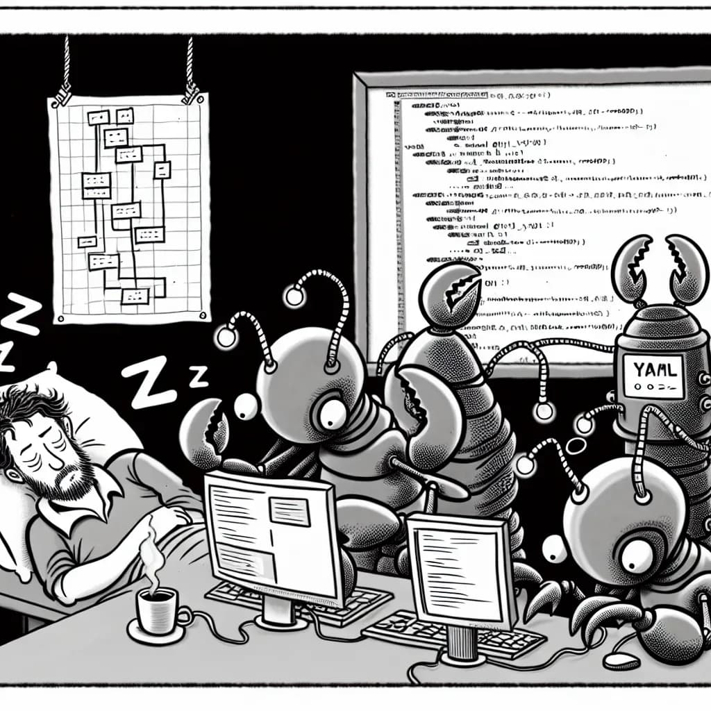 寝ている人間の横で、ロブスター型AIが部下の複数ロボットに指示を出してコードを書かせている1コマ風刺画