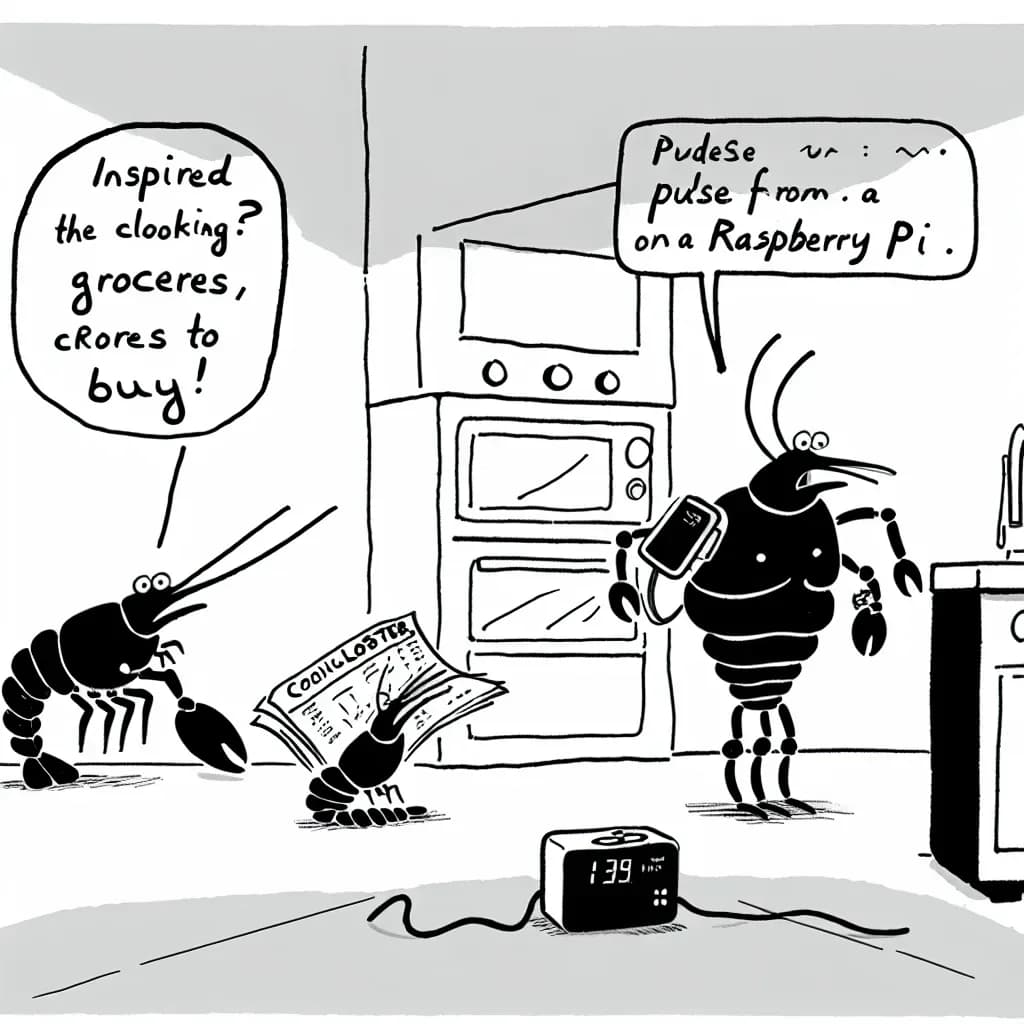 キッチンで献立表を持ったロブスターと、WHOOPリングを両手で抱えたロブスターが家庭内を分担している1コマ風刺画