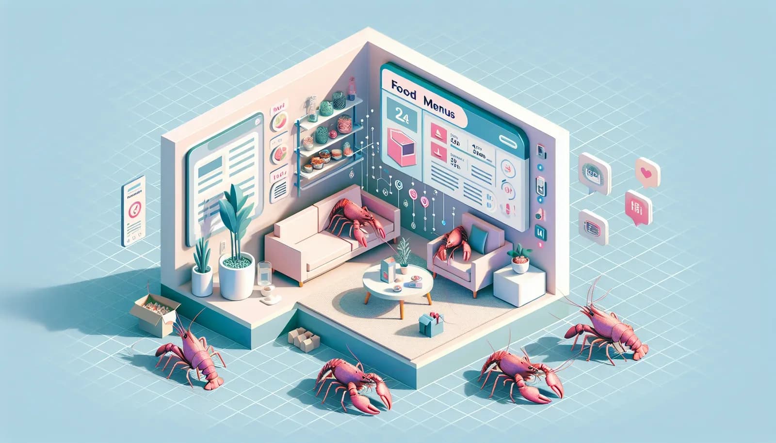 リビングのテーブルでNotionの献立表を整える料理用ロブスター、棚の上でRaspberry Piを操作する別のロブスター、アイソメトリックな家庭の風景