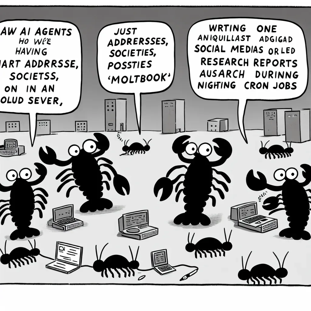 DigitalOceanのクラウドで働くロブスター、Moltbookで投稿するロブスター、夜間に研究レポートを書くロブスターが横並びになった1コマ風刺画