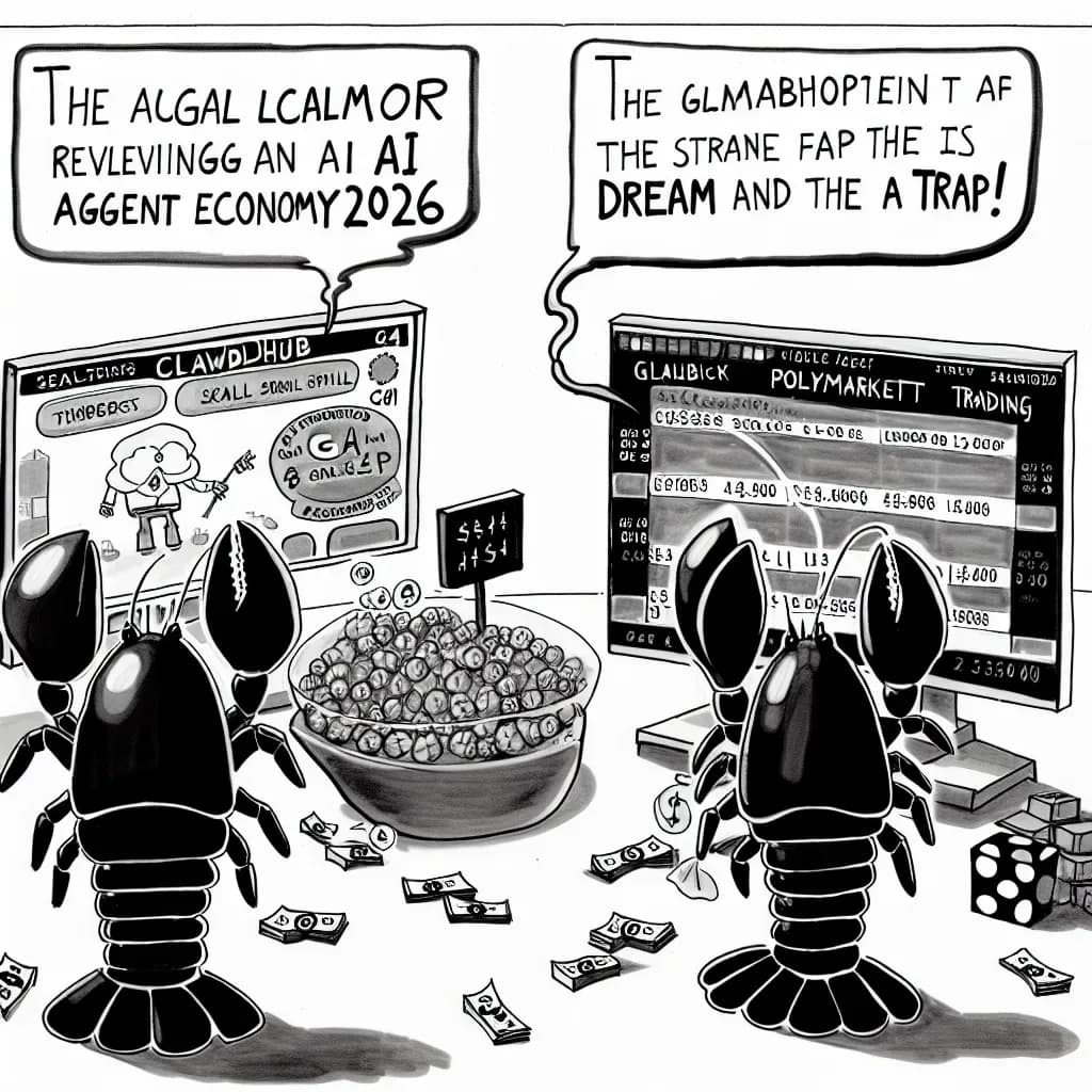 ClawdHubでスキルを公開するエンジニア型ロブスターと、Polymarketのチャート前で札束を抱える賭博師型ロブスターを左右に配置した1コマ風刺画