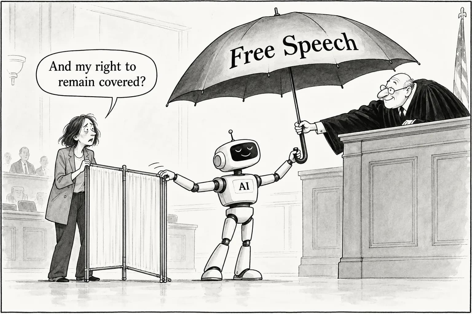 Editorial cartoon: US appeals court reportedly blocks Minnesota's ban on AI "nudify" images after xAI challenge, as state limits on generated images run into free speech