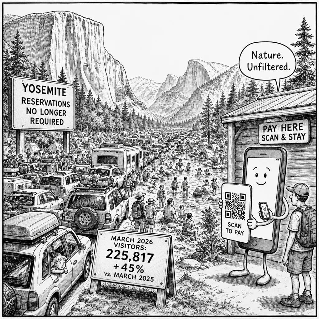 風刺画: 米国キャンプ予約システムに大きな変化:Yosemite予約制廃止で混乱拡大、QRコード決済システムも導入進む