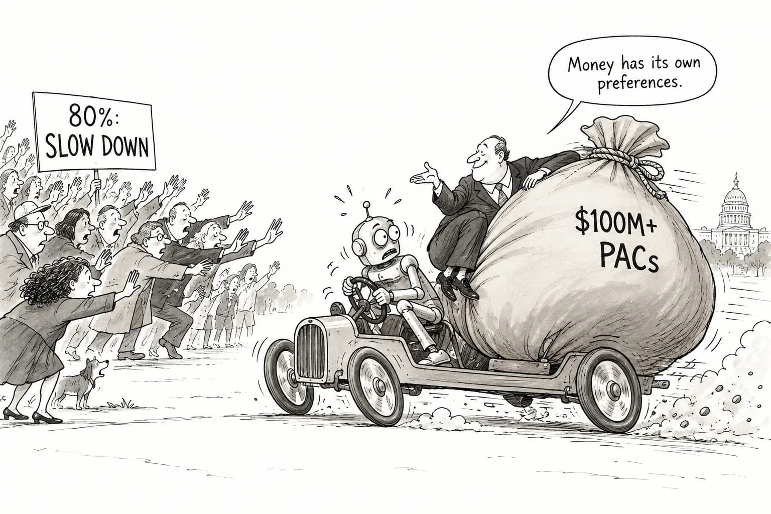 Editorial cartoon: Zvi: 'The AI preference cascade' has spread further — 80% back slowing down, Congress asked about outlawing RSI, yet anti-regulation PACs top $100 million