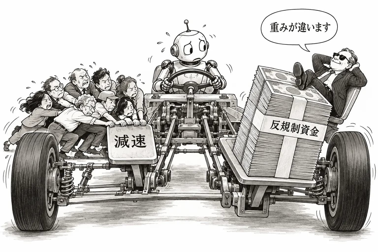 風刺画: Zvi『AI の選好のカスケードはさらに広がった』——減速支持8割、議会で問われた RSI の違法化、それでも反規制の PAC は1億ドル超