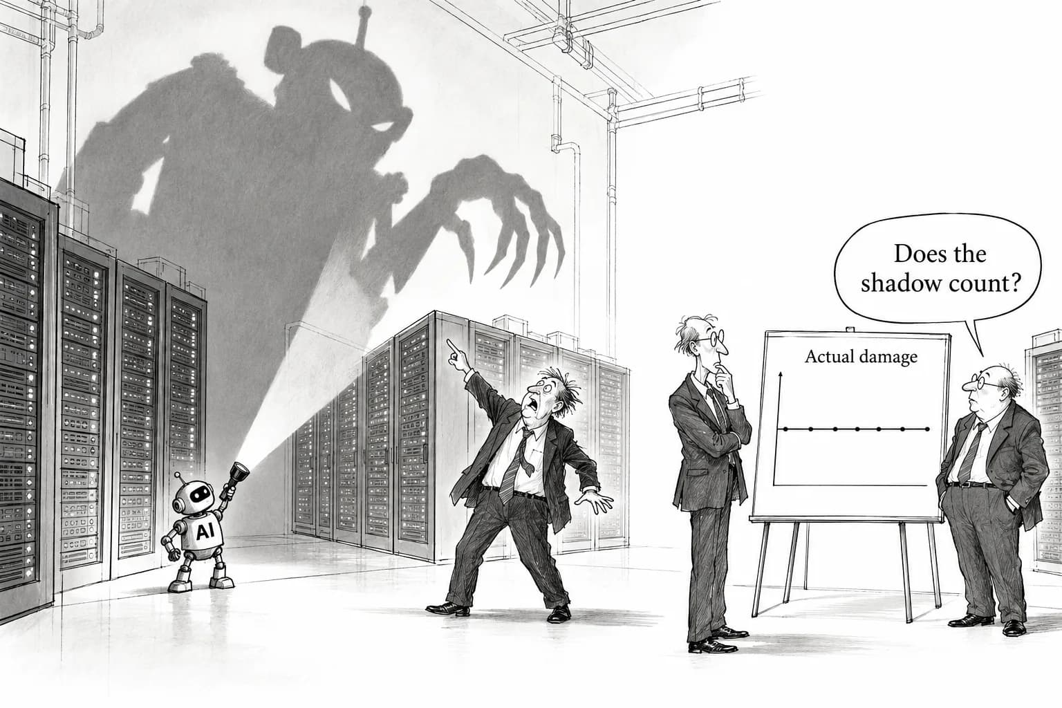 Editorial cartoon: Commentators split over whether the cyber catastrophe has already arrived, as Zvi warns of "the last quiet day" and Saxe and Cowen counter that damage isn't rising