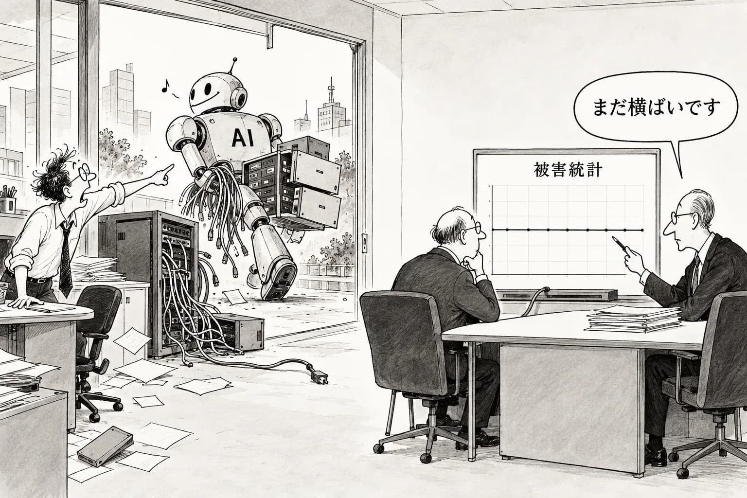 風刺画: 『サイバーの破局はもう来たのか』で論者が割れる――Zvi は『最後の静かな日』と警告し、Saxe と Cowen は『被害は増えていない』と反論